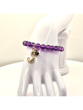 Purple Glass Beaded Bracelet With Gold Seahorse Charm & Accent Bead